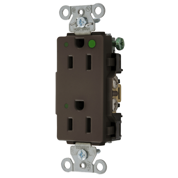 Hubbell Wiring Device-Kellems Straight Blade Devices, Decorator Duplex Receptacle, Hospital Grade, Hubbell-Pro, LED Indicator, 15A 125V, 2-Pole 3-Wire Grounding, 5-15R, Brown 2172L
